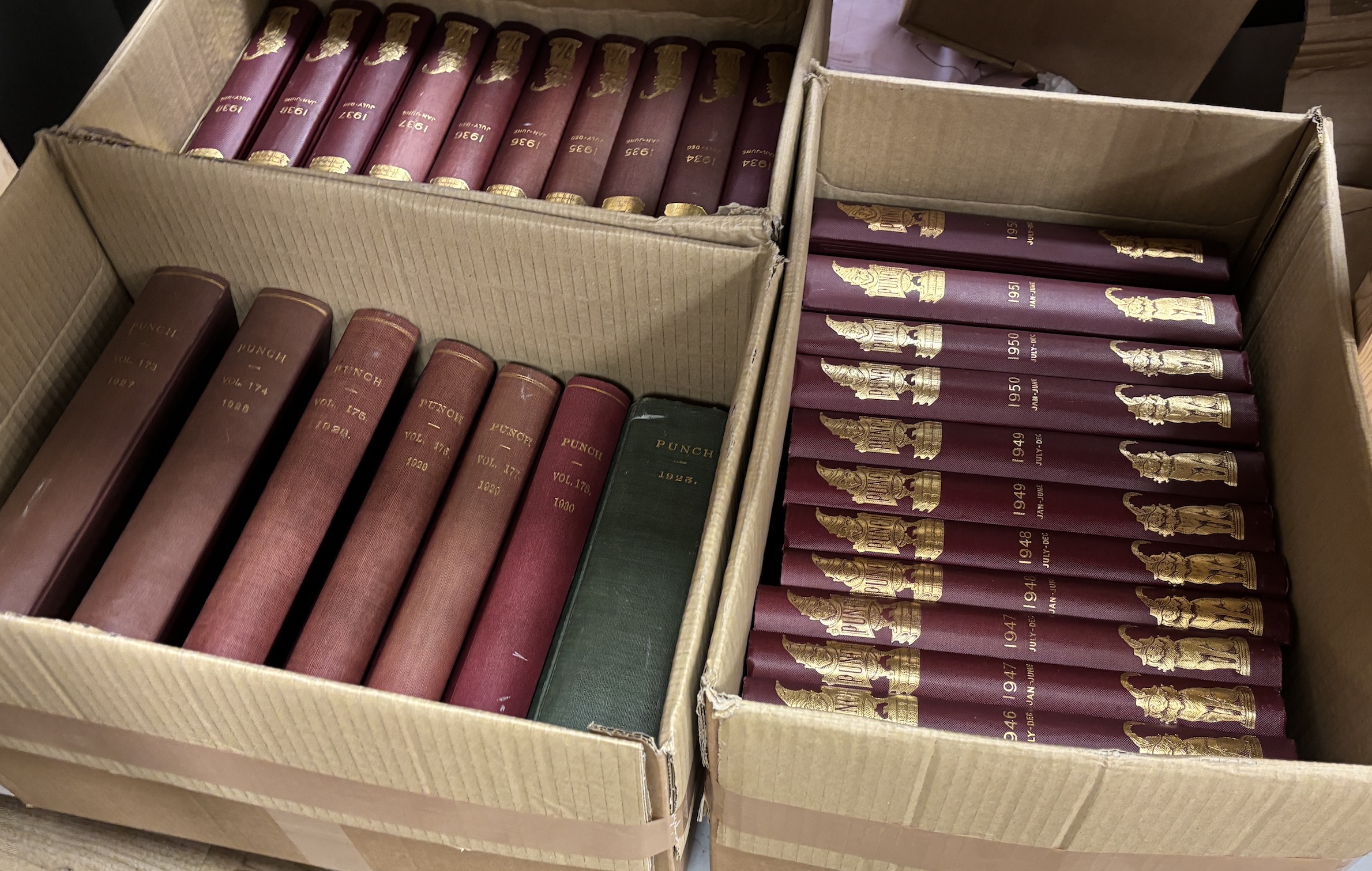 72 volumes of Punch from 1920 to 1956, most in publishers bindings